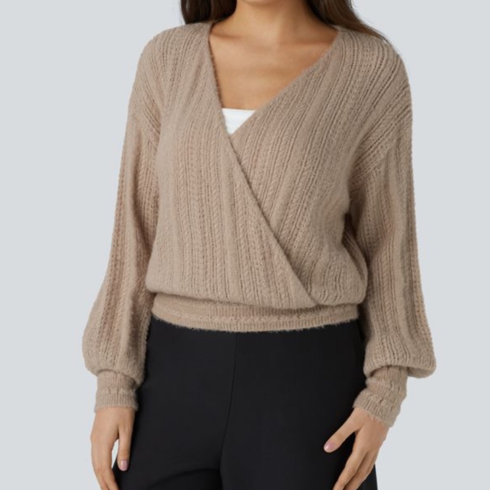 HALARA NWOT SIZE M Cozy Taupe Wrap Sweater - front / back wear
